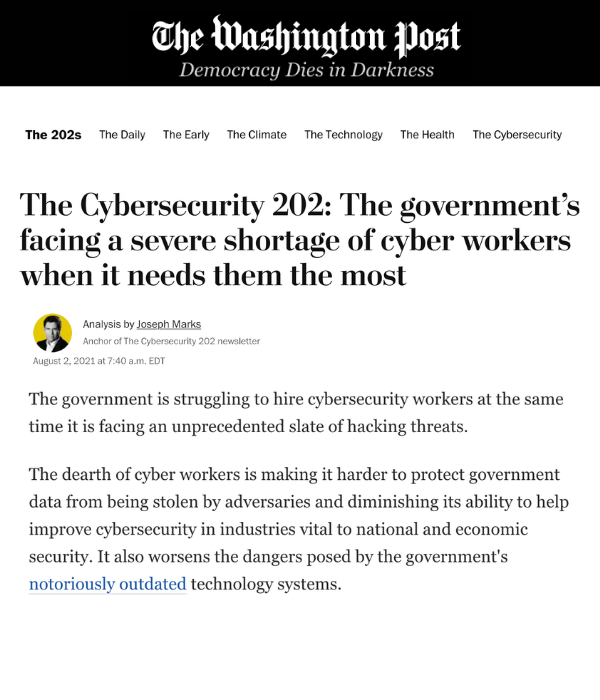 Washington Post - Government faces severe shortage of cyber workers